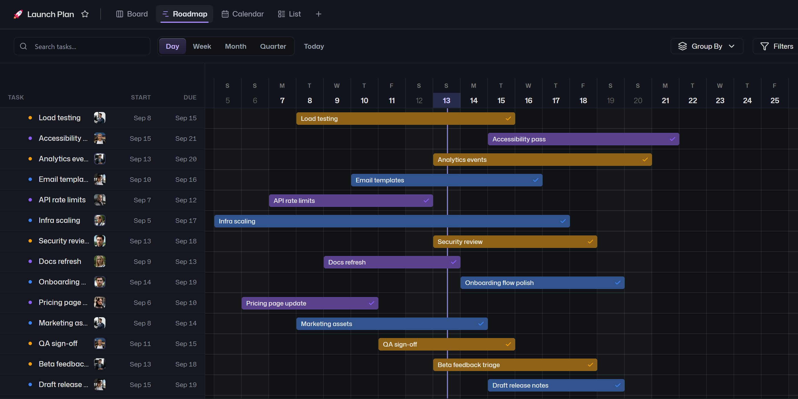 Real Launch Plan timeline with scheduled release work and colored task bars